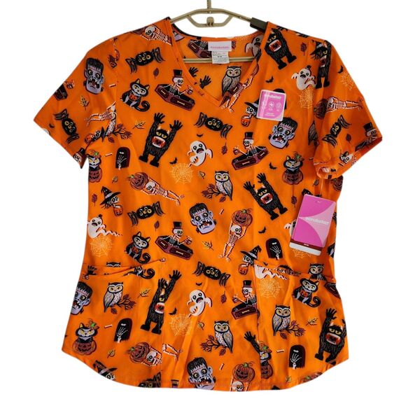 Scrubstar V Neck Scrub Top Womens Size Medium Orange Halloween Theme New - Picture 1 of 7